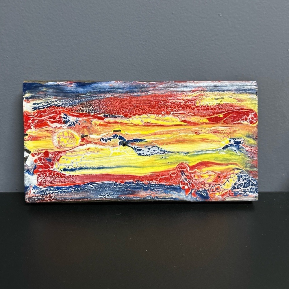 Original Abstract Painting On Reclaimed Wood 10" X 5.5 " Titled Volcano Eruption